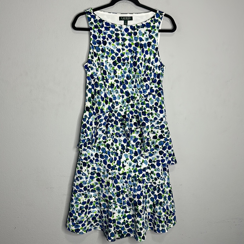 Lauren Ralph Lauren blue white floral ruffle dress 8